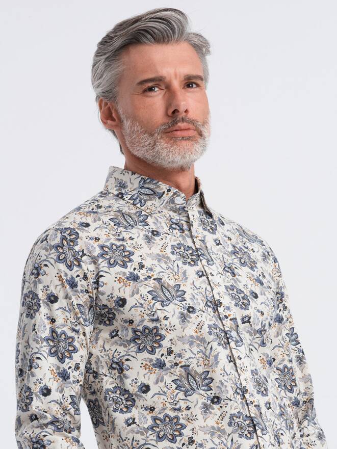 Męska koszula SLIM FIT we wzór florystyczny - beżowo-szara V1 OM-SHPS-0139