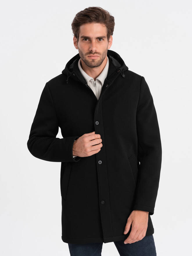 Męski ocieplany płaszcz z kapturem i krytym zamkiem - czarny V1 OM-COWC-0110