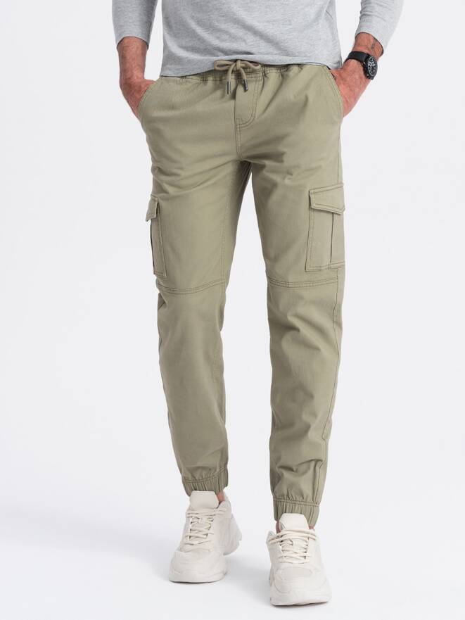 Spodnie męskie JOGGERY z zapinanymi kieszeniami cargo - khaki V1 OM-PAJO-0123