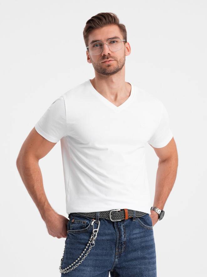 T-shirt męski V-NECK z elastanem - biały V1 OM-TSCT-0106